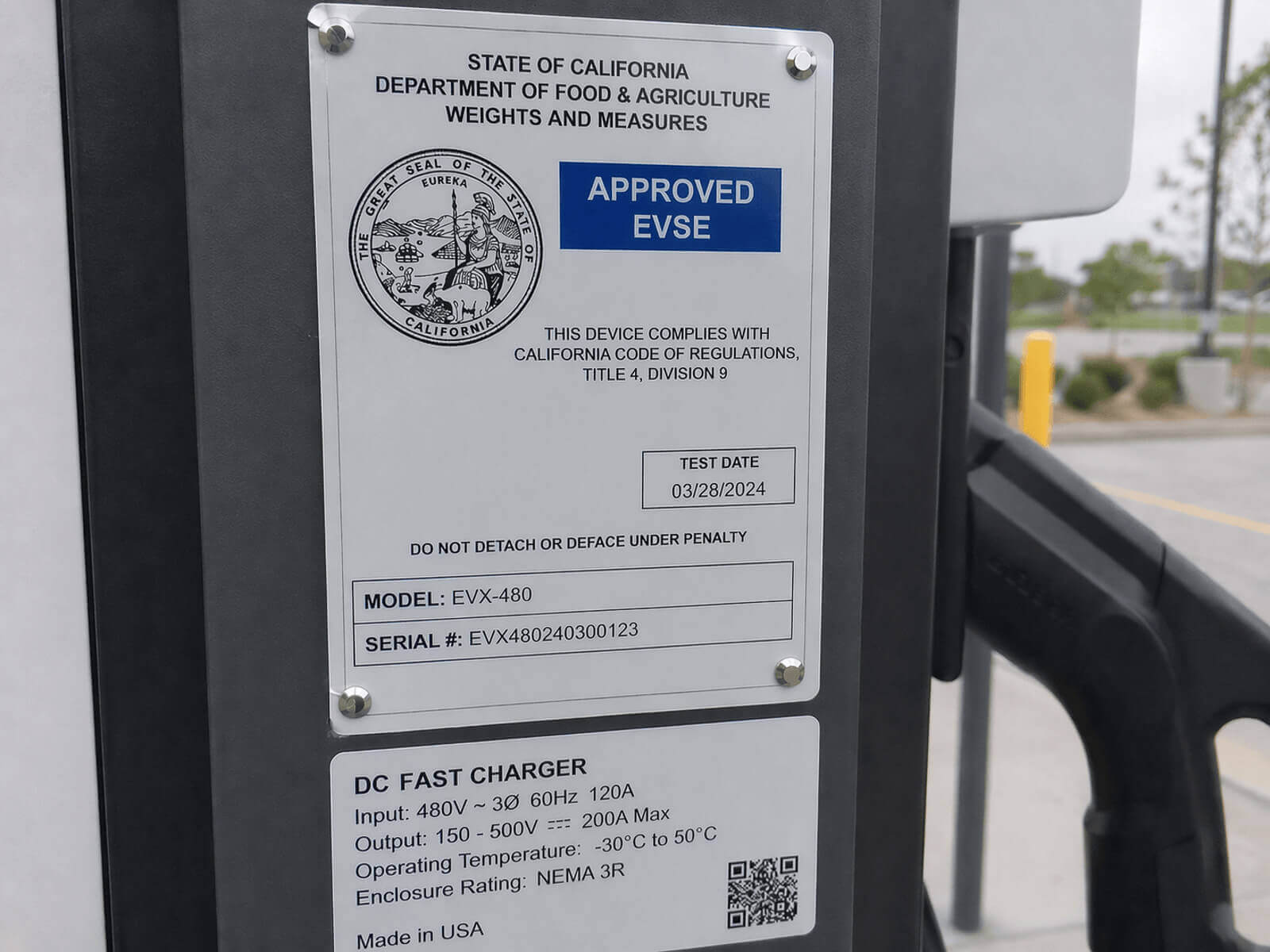 EVSE weights and measures testing and place-in-service certification