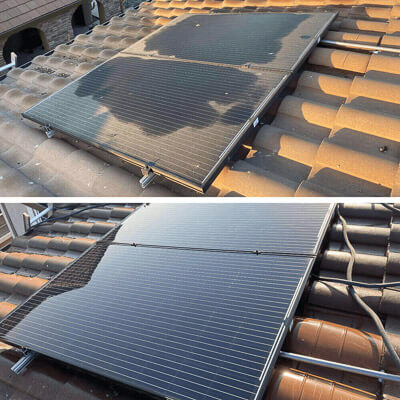 Solar panel covered with dust and debris before cleaning compared to same solar panel restored to optimal condition after professional cleaning service