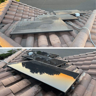 Residential solar panels showing heavy dirt buildup before and after professional cleaning