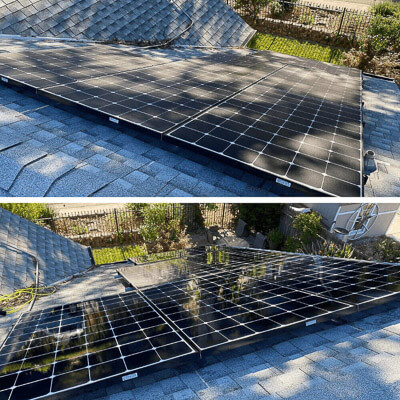 Solar panel with accumulated dirt and contamination prior to cleaning compared to same panel surface following professional solar panel cleaning