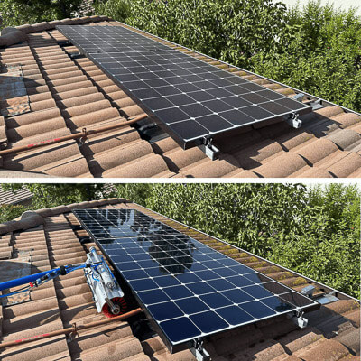 Rooftop solar array before scheduled solar cleaning compared to after professional cleaning