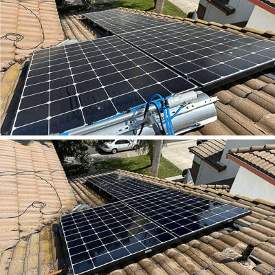 Before solar panel cleaning showing dirt accumulation on residential rooftop solar array compared to after solar panel cleaning showing restored surface and improved visibility