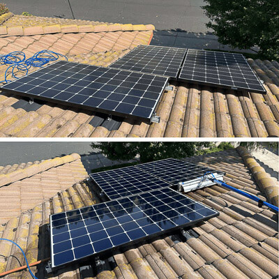 Rooftop solar array before scheduled solar cleaning using specialized cleaning equipment compared to after